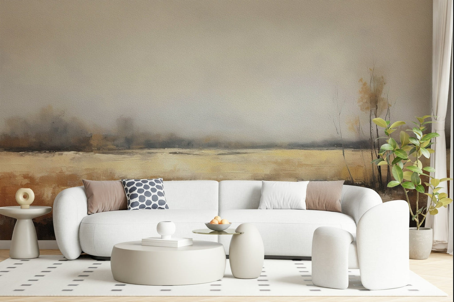 A peaceful open country mural on decorative wallpaper.