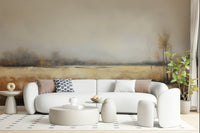 A peaceful open country mural on decorative wallpaper.