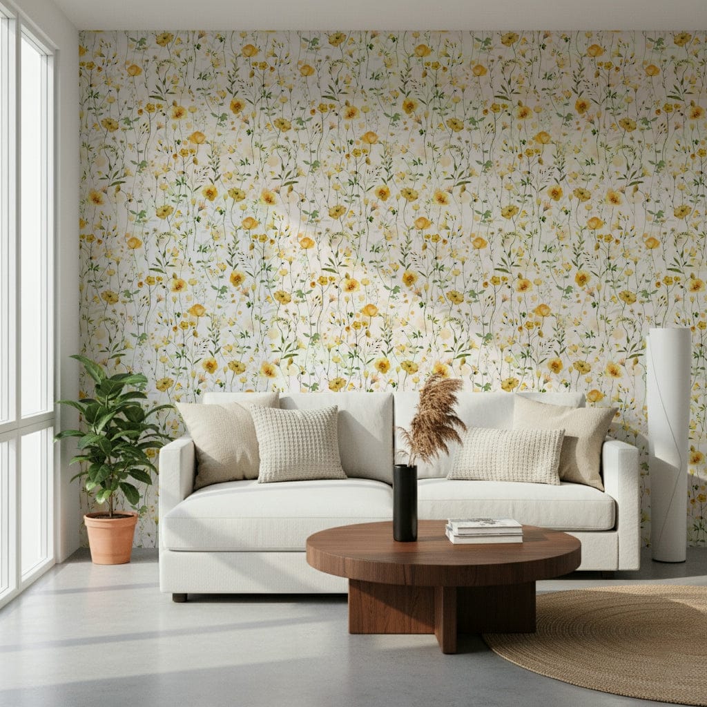 Contemporary Golden Meadow Blooms wall paper, elegant floral design