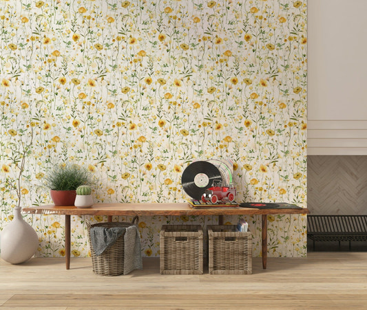 Golden Meadow Blooms wall cover, ethereal yellow and green sketch