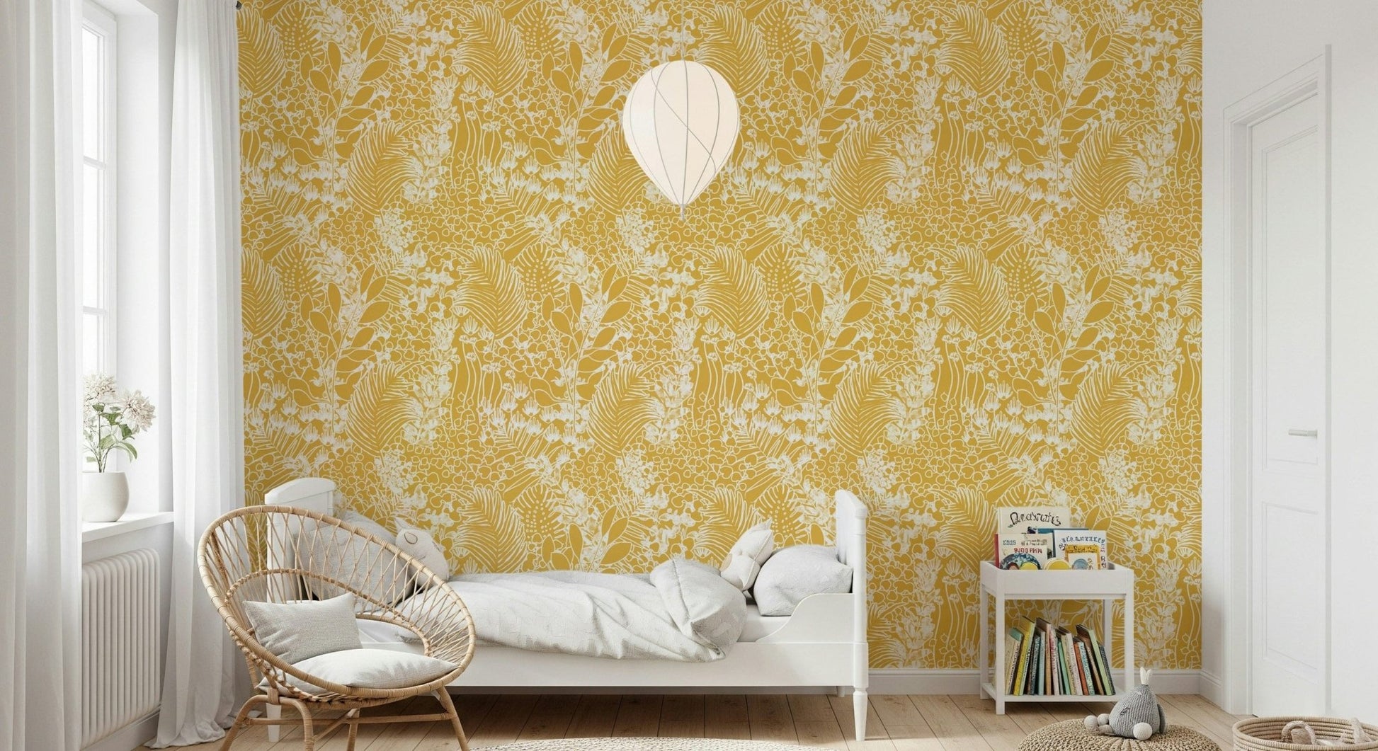 Minimalist meadow wall mural behind a cream sofa in a lounge area., GD7849