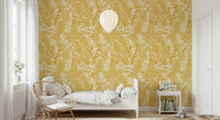 Minimalist meadow wall mural behind a cream sofa in a lounge area., GD7849