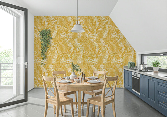 Golden Meadow Dream wallpaper in a sunlit living room with linen decor.