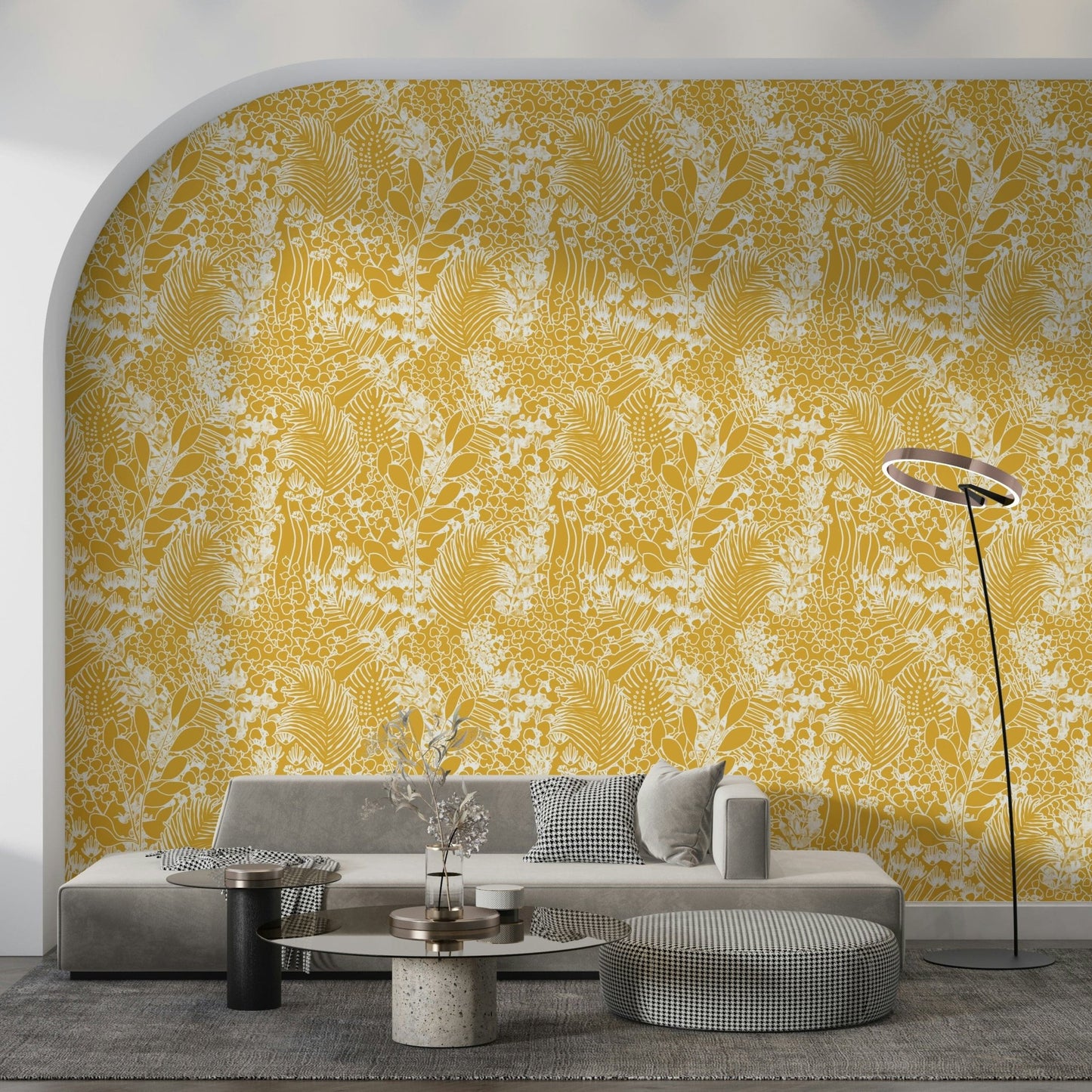 Harmony wallpaper with yellow floral motifs in a bright home office., GD7849