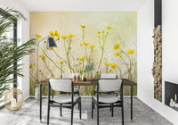 An artistic sunlit field mural on minimalist wallpaper.