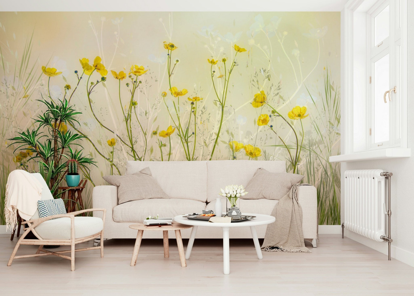 A beautiful golden meadow wallpaper mural with sunlit grass.