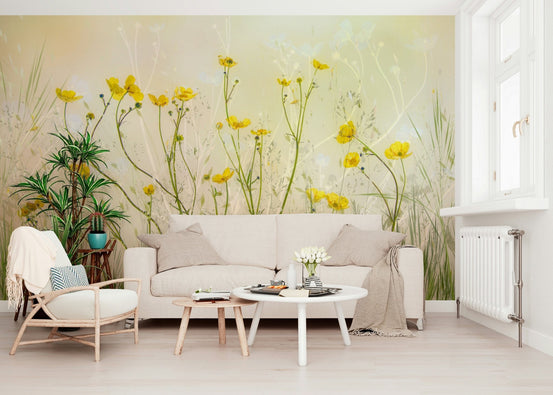 A beautiful golden meadow wallpaper mural with sunlit grass., GD5286