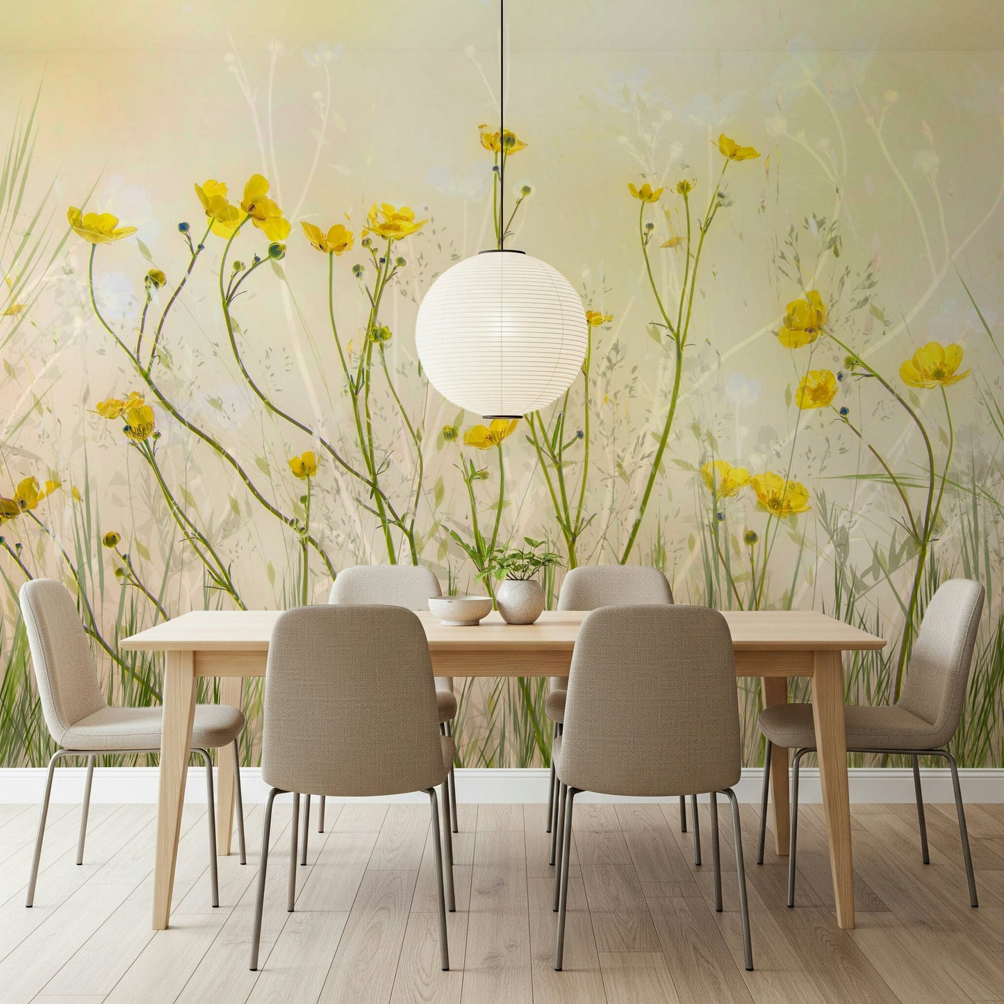 A calming serene field wallpaper mural that defines a space.