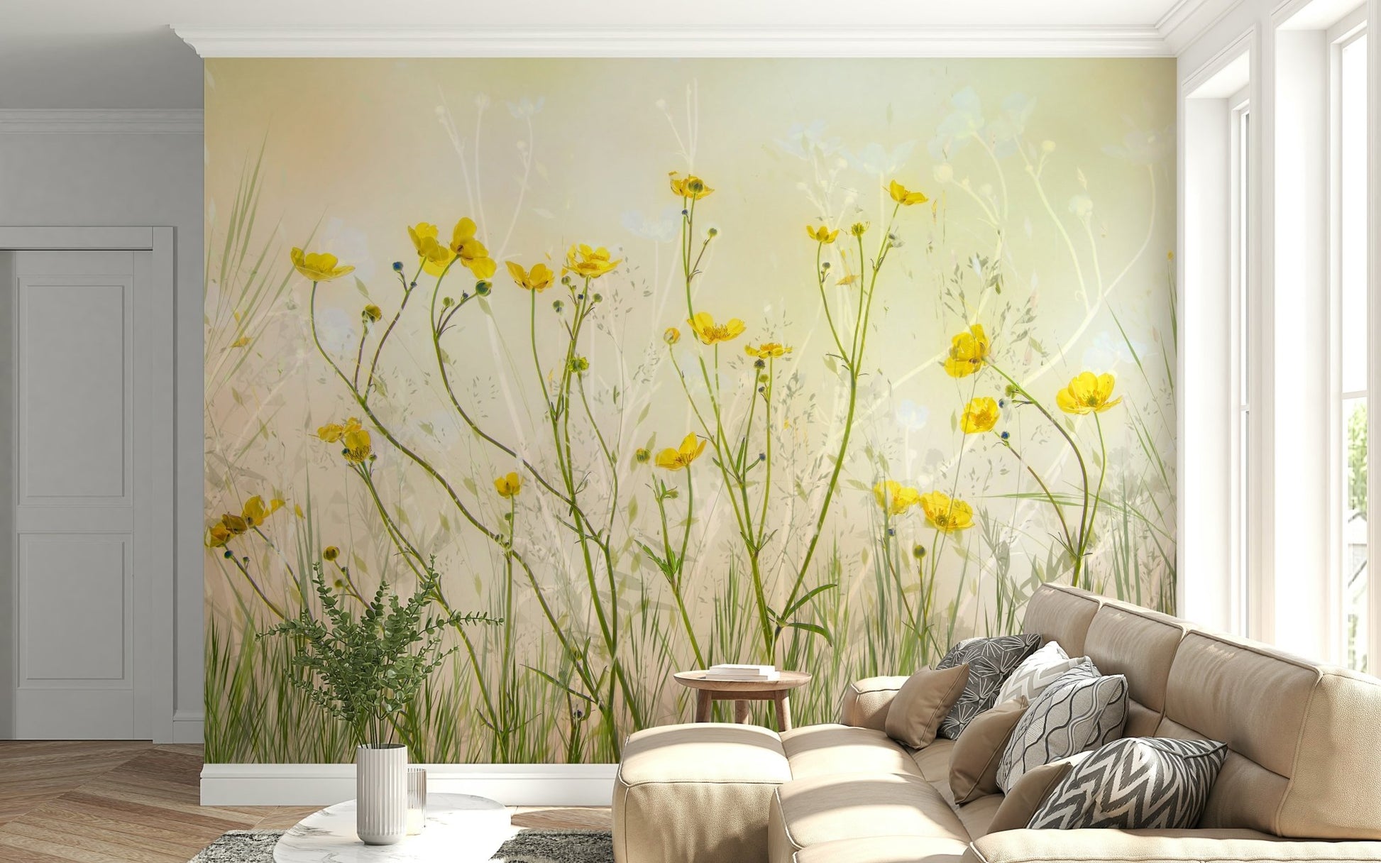 A contemplative golden light wallpaper mural for a feature wall.