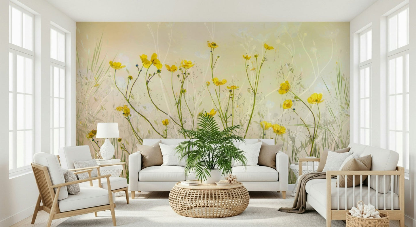 A peaceful open country mural on decorative wallpaper.