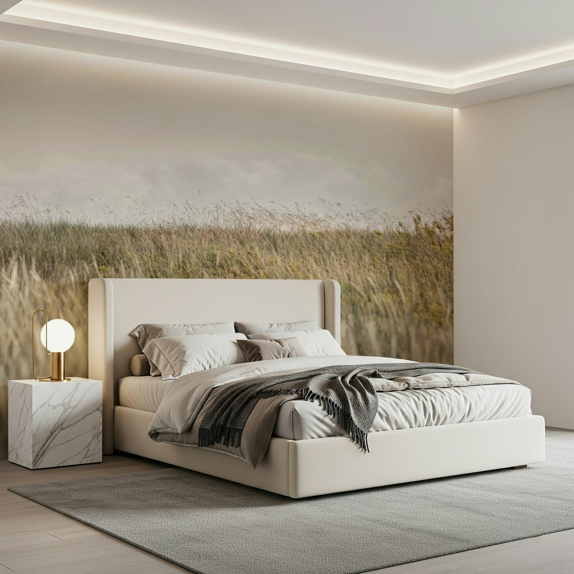 A peaceful open country mural on decorative wallpaper.