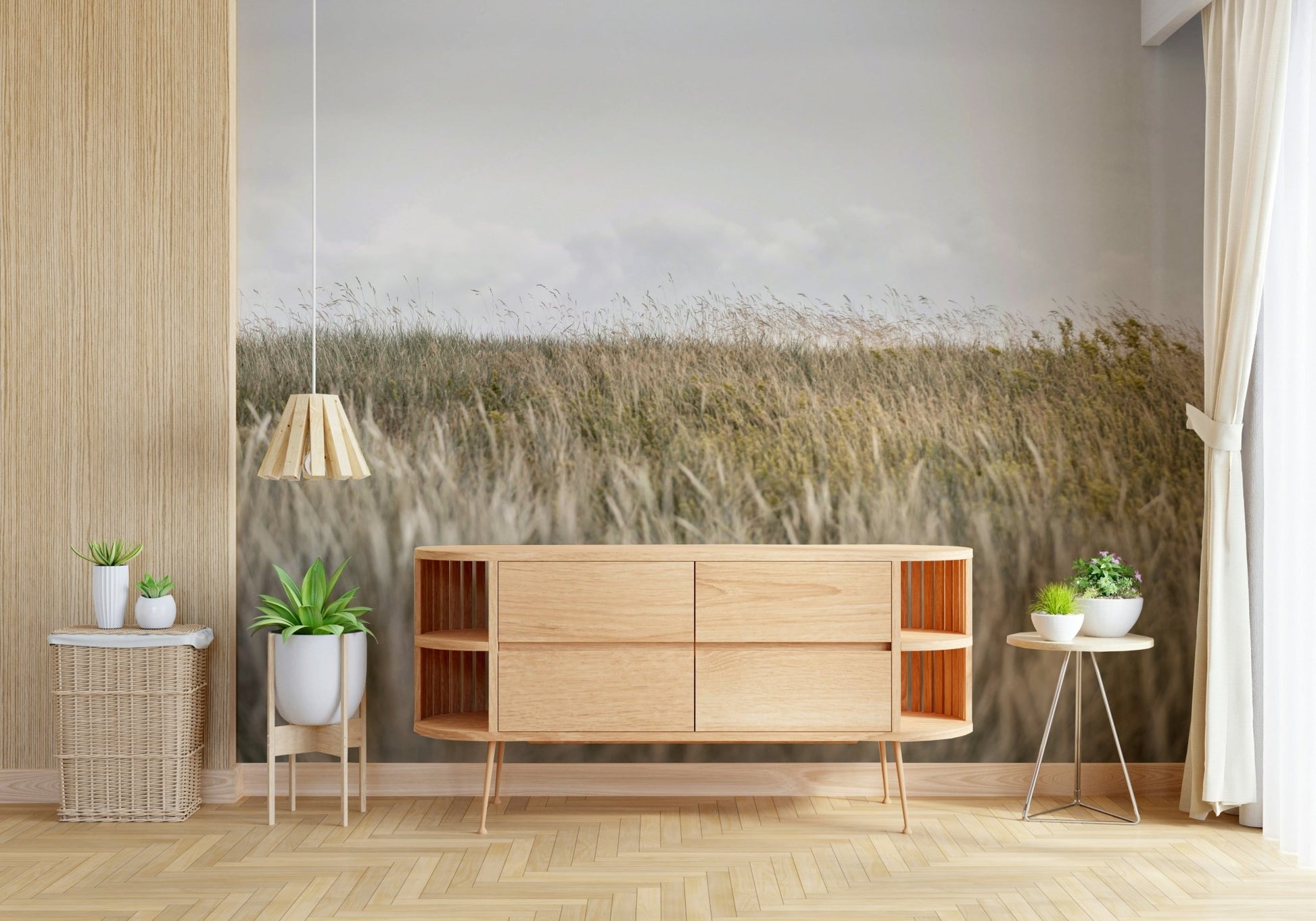 A calming serene view wallpaper mural that defines a space.