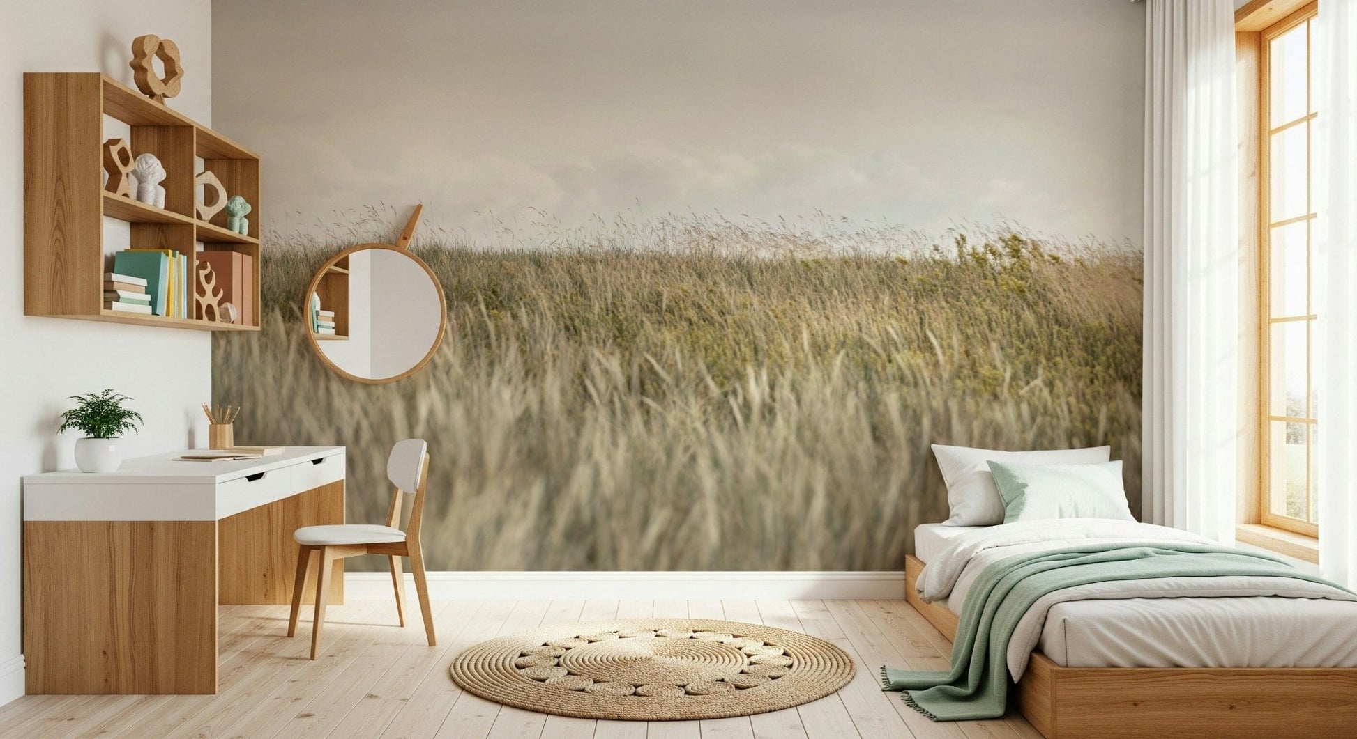 A serene rural landscape wall mural for your decor.