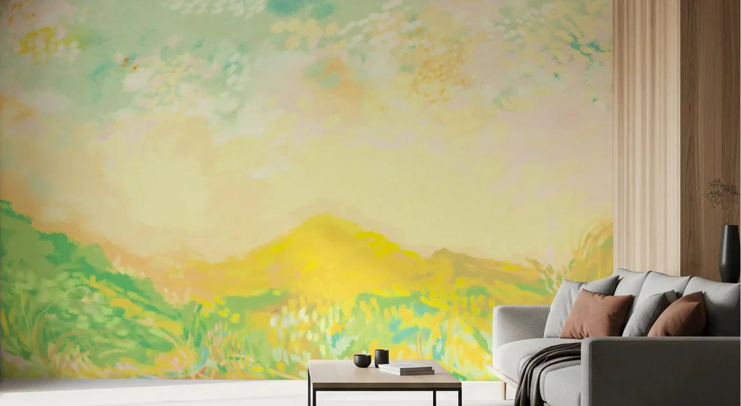 Bathed in golden light, a living room feels serene with this meadow whispers wall mural.GD9594