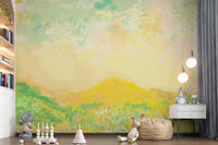 Gentle gradients of yellow and green meet underneath the charcoal strokes wall mural.GD9594