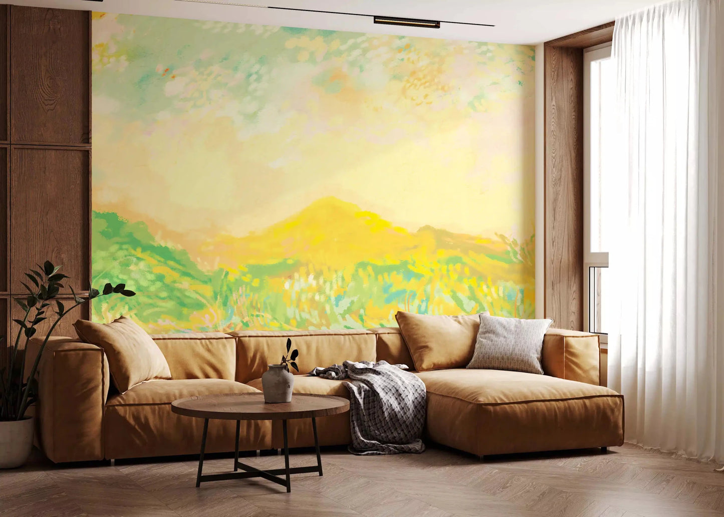 Misty pastels quiet a relaxed lounge through this charcoal meadow wall 
MuralGD9594