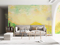 Charcoal lines trace through pale gold and dusty greens in this dreamy meadow wall mural.GD9594