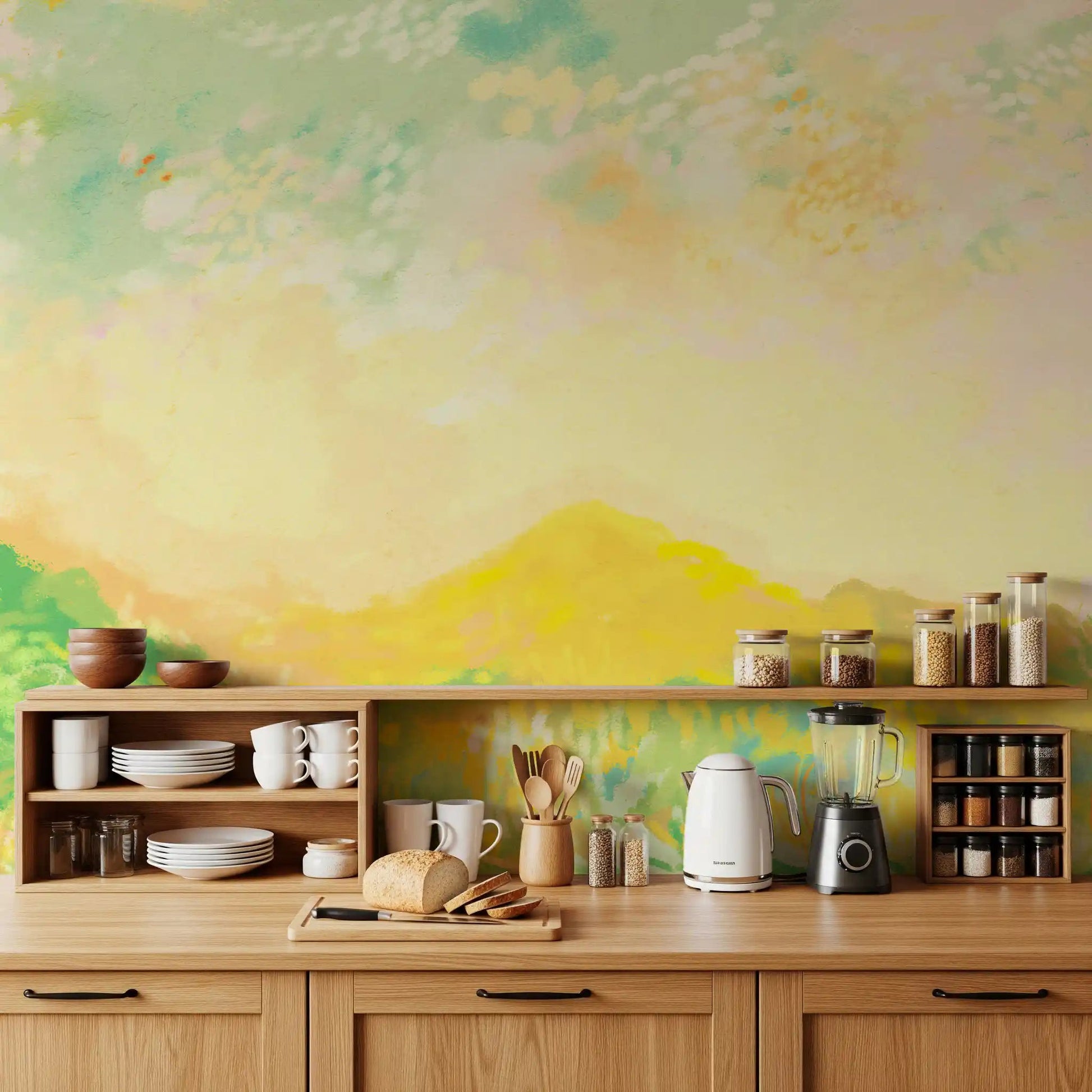 Sunlit kitchen-dining areas borrow a quiet glow from this whispering meadow wall mural.GD9594