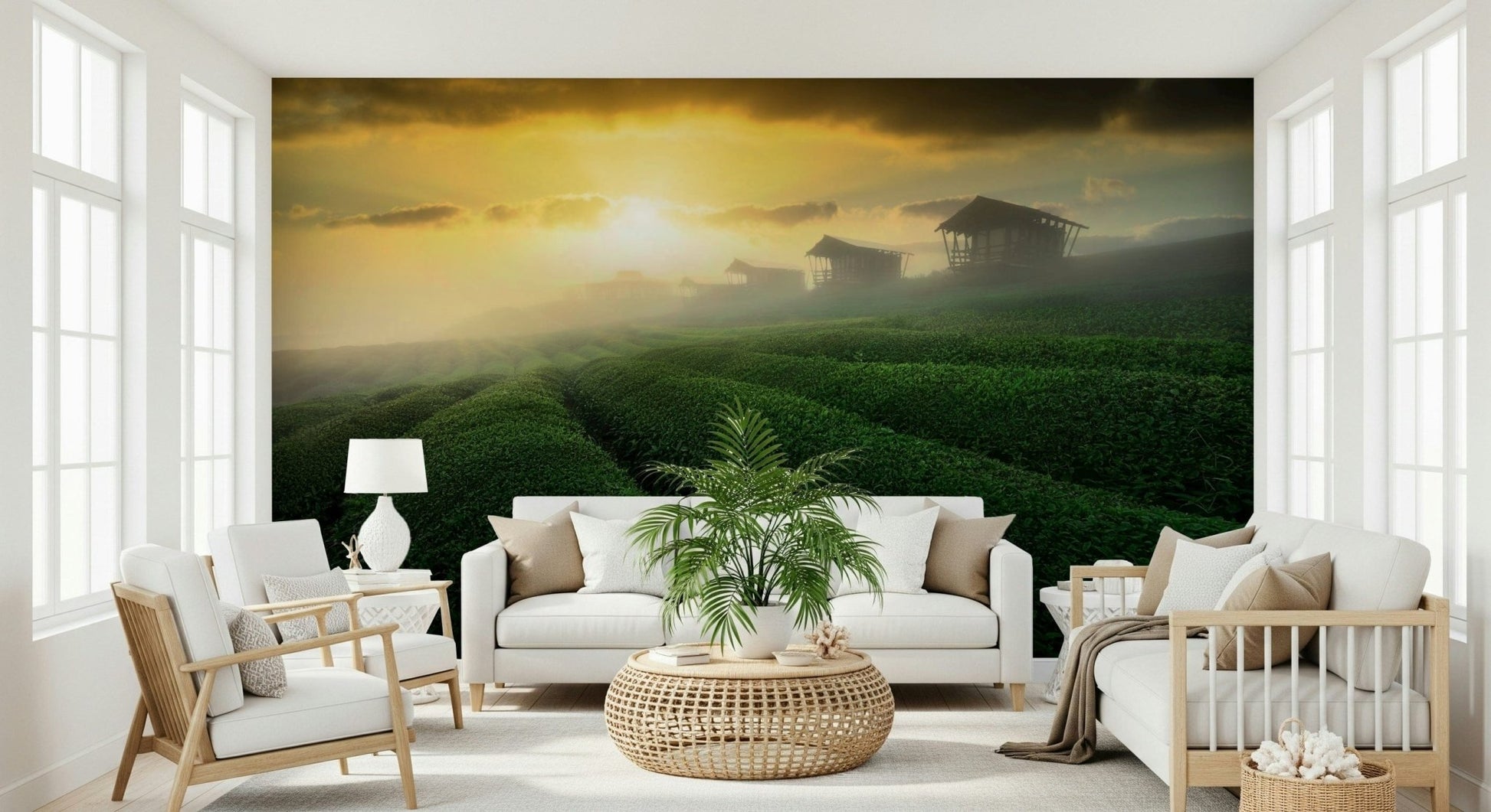 A peaceful modern abstract mural on decorative wallpaper.