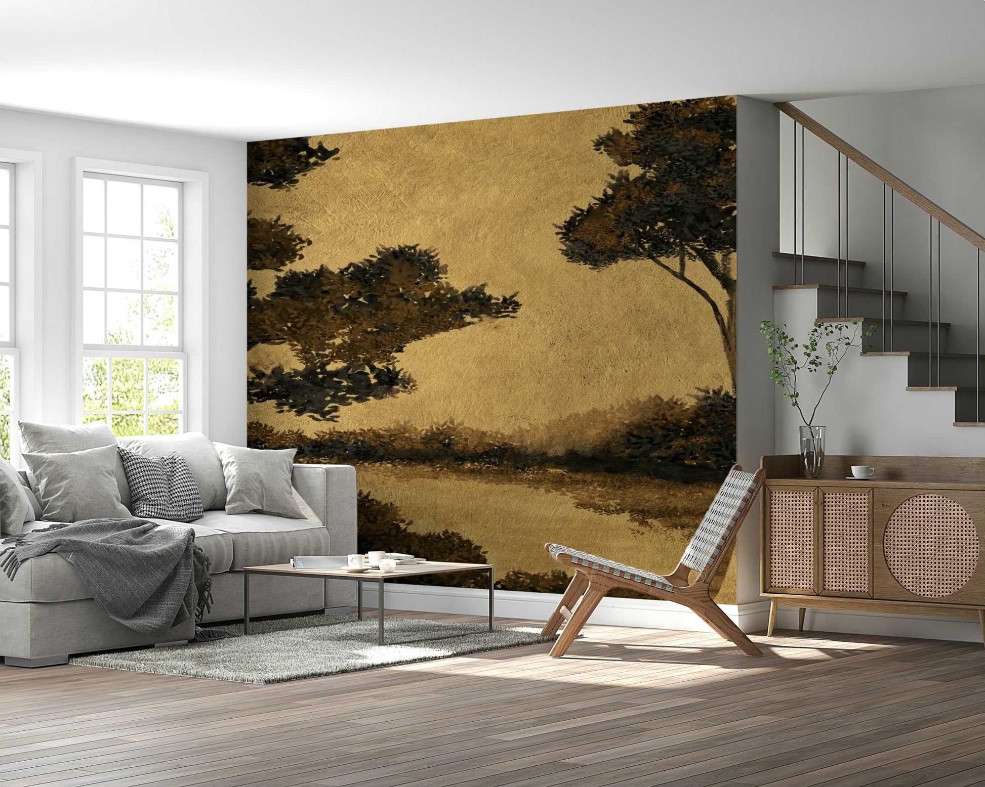 A graceful subtle pattern wall mural in cool, tranquil tones with gold accents.
