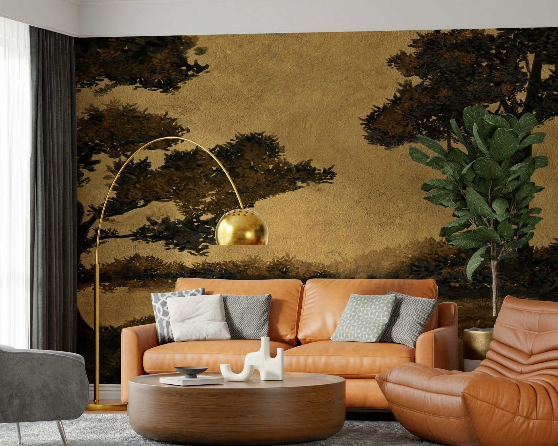 A peaceful modern abstract mural on decorative wallpaper.