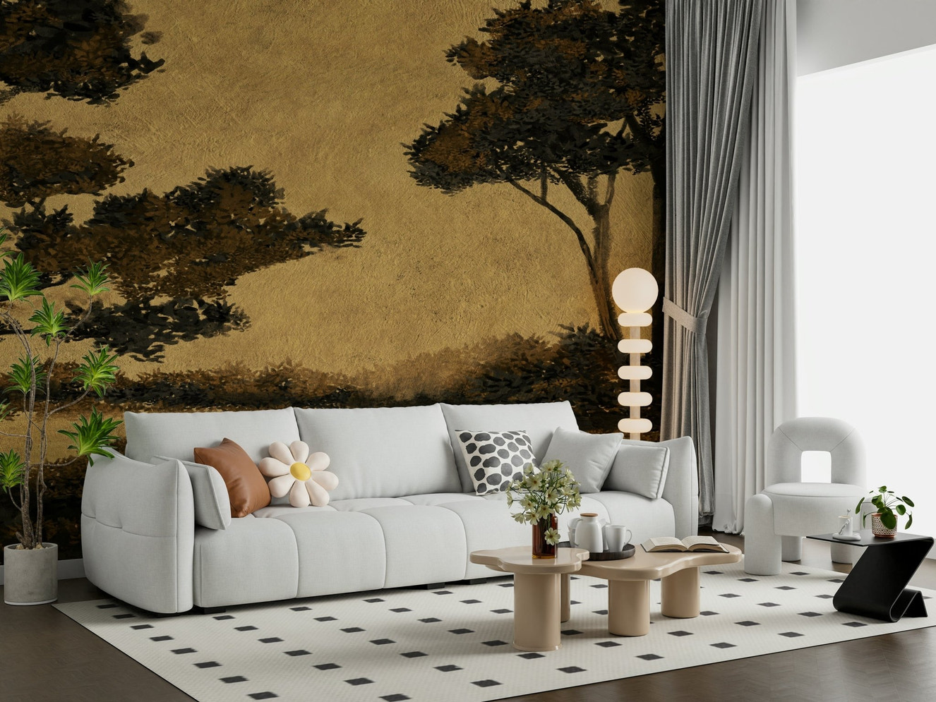 A beautiful abstract waterscape wallpaper mural with golden mist effects.