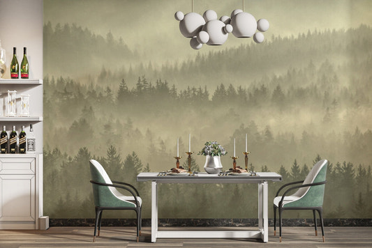 Golden misty forest wallpaper design
