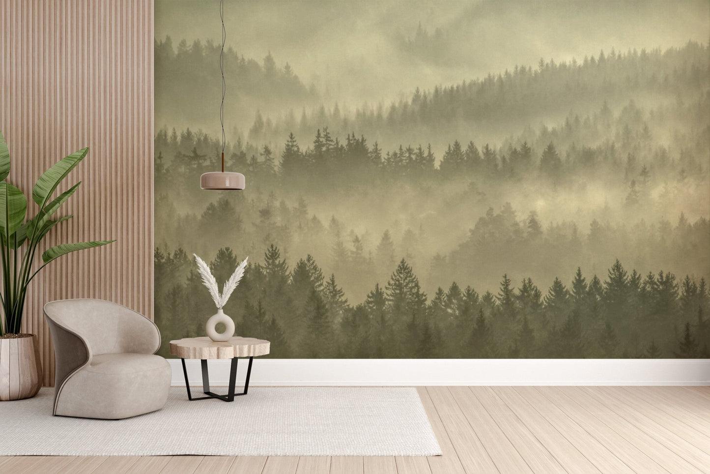 Golden hued misty forest wallpaper style D304
