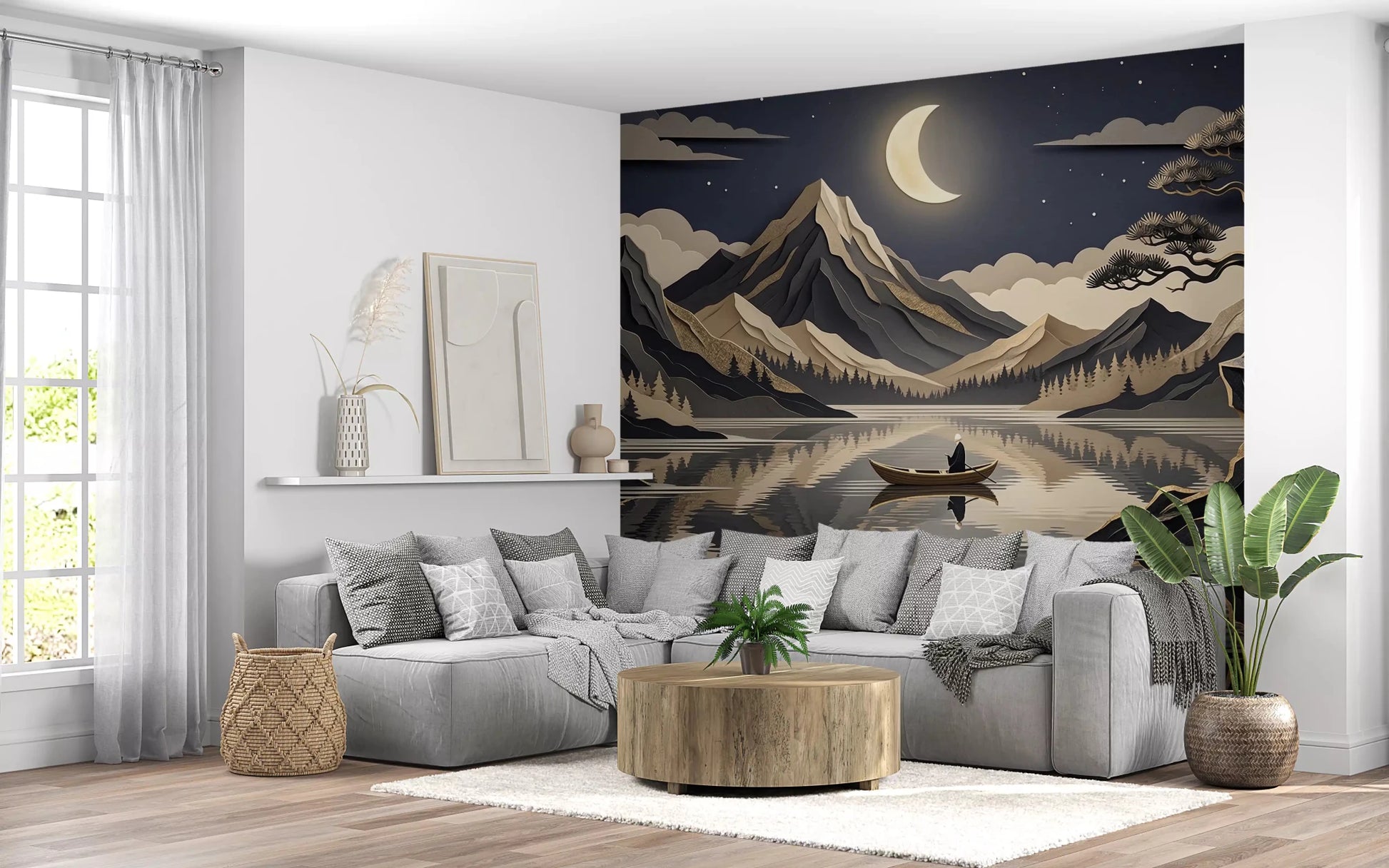 Golden Moon Over Layered Peaks Wall Mural