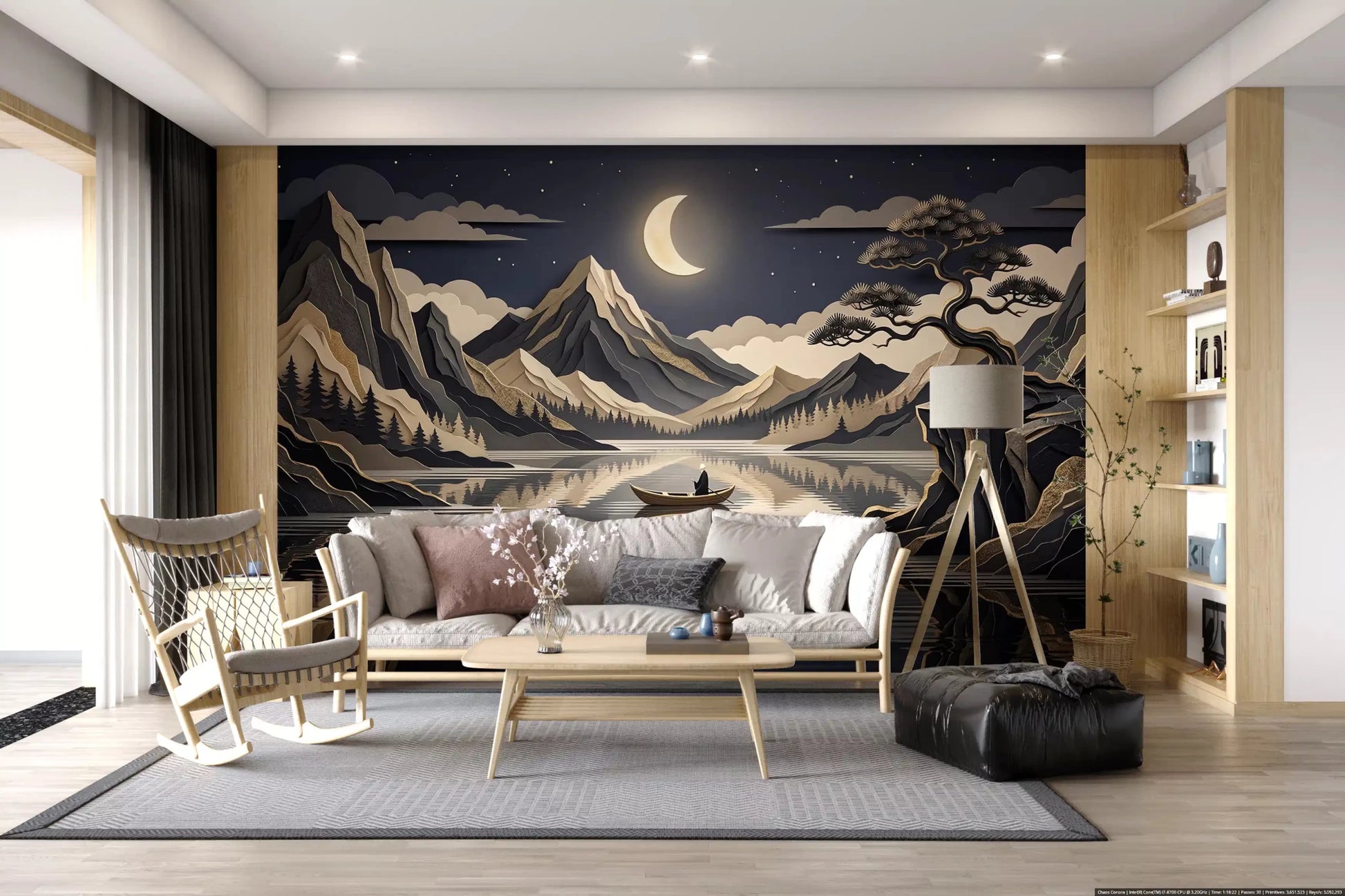 Golden Moon Over Layered Peaks Wall Mural