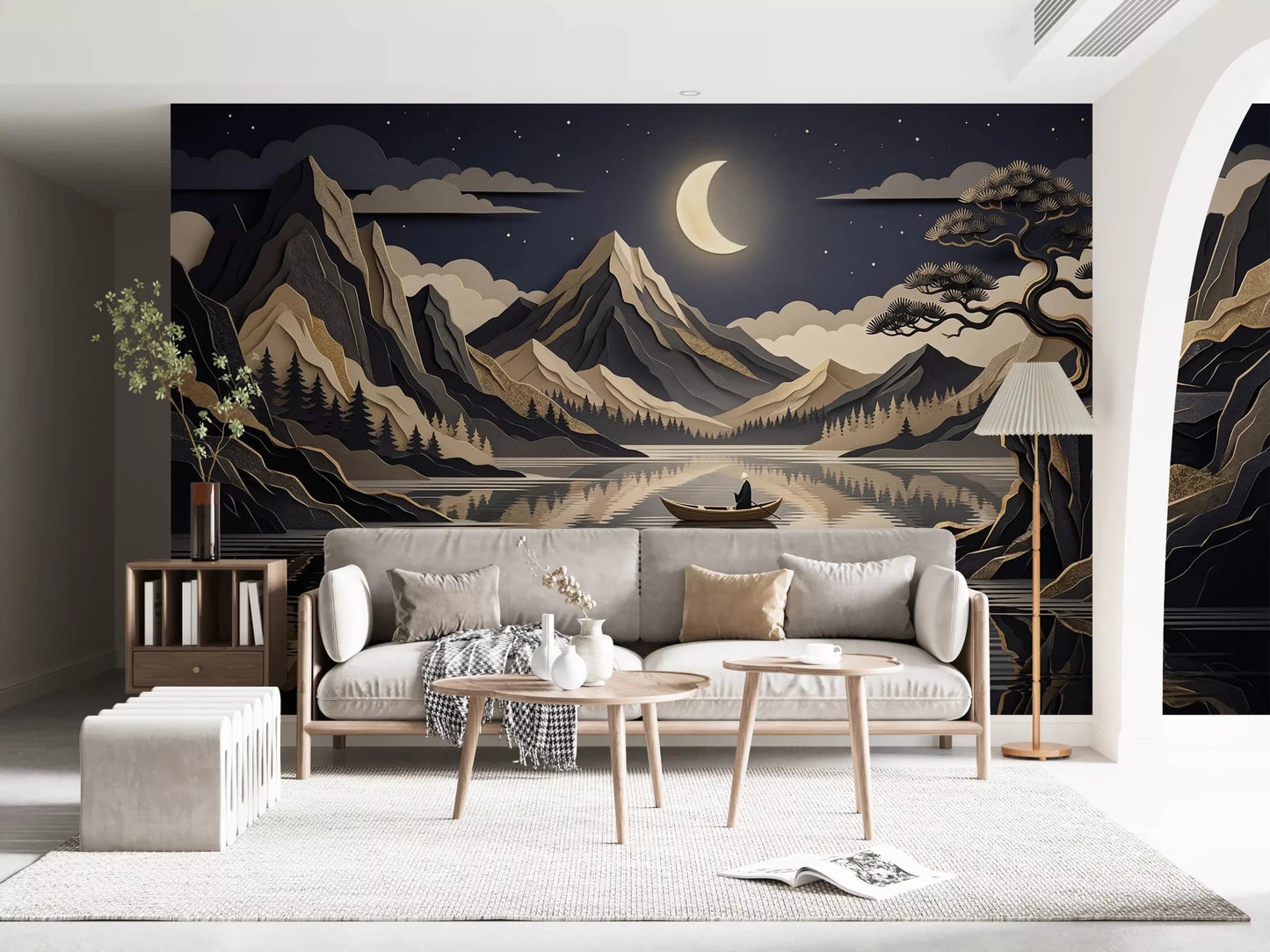 Golden Moon Over Layered Peaks Wall Mural