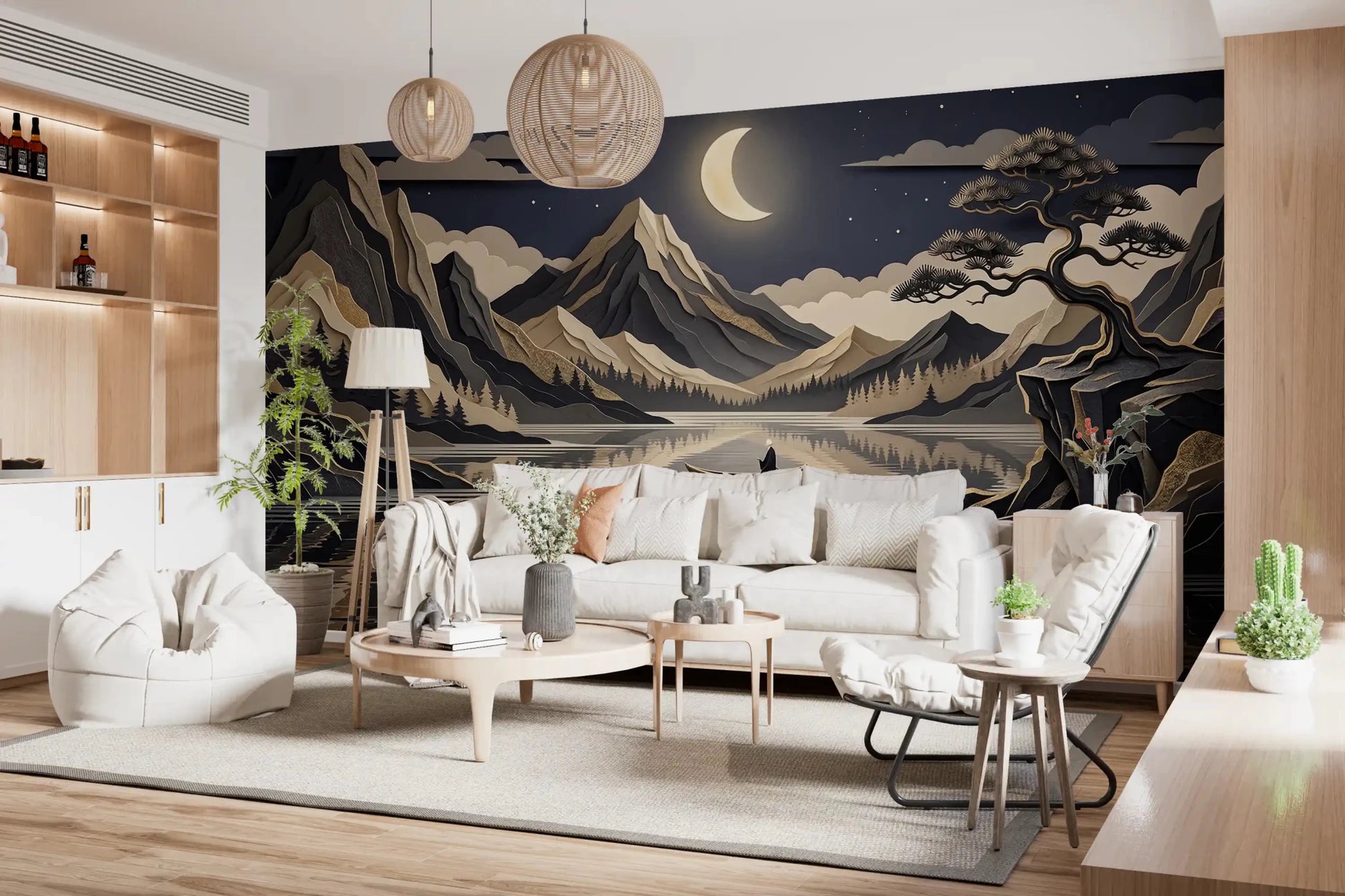 Golden Moon Over Layered Peaks Wall Mural