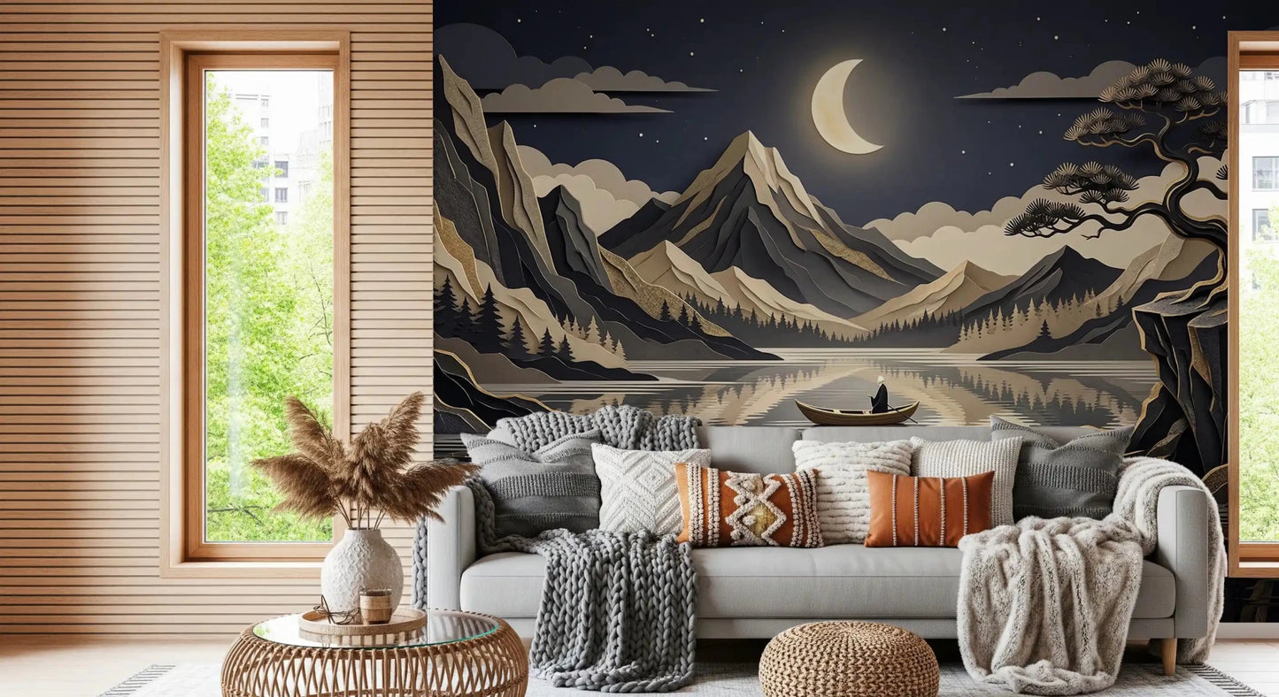 Golden Moon Over Layered Peaks Wall Mural