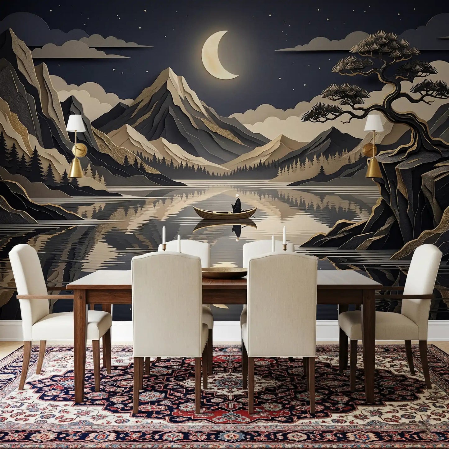 Golden Moon Over Layered Peaks Wall Mural