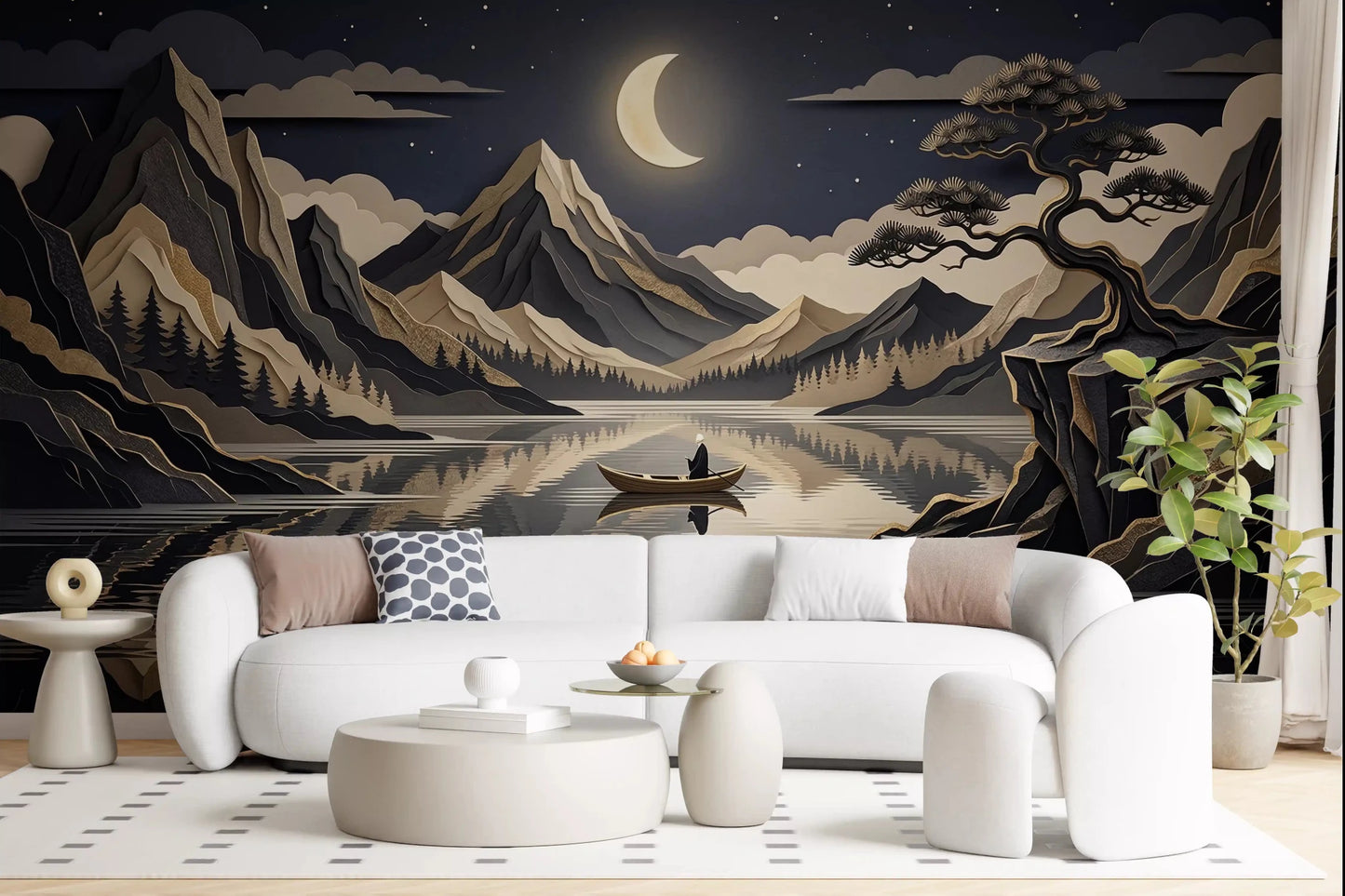 Golden Moon Over Layered Peaks Wall Mural