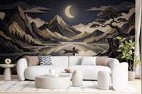 Golden Moon Over Layered Peaks Wall Mural