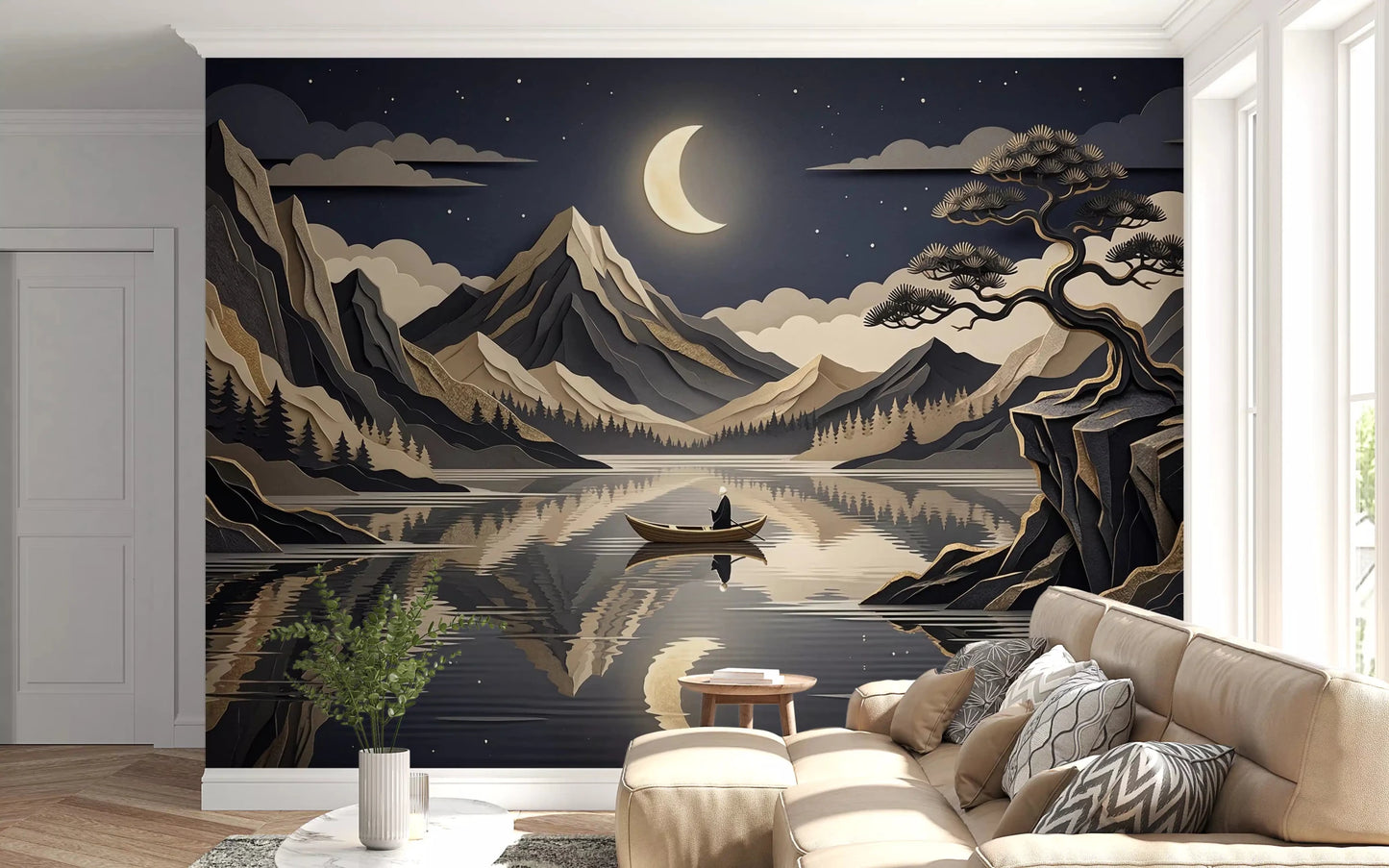 Golden Moon Over Layered Peaks Wall Mural