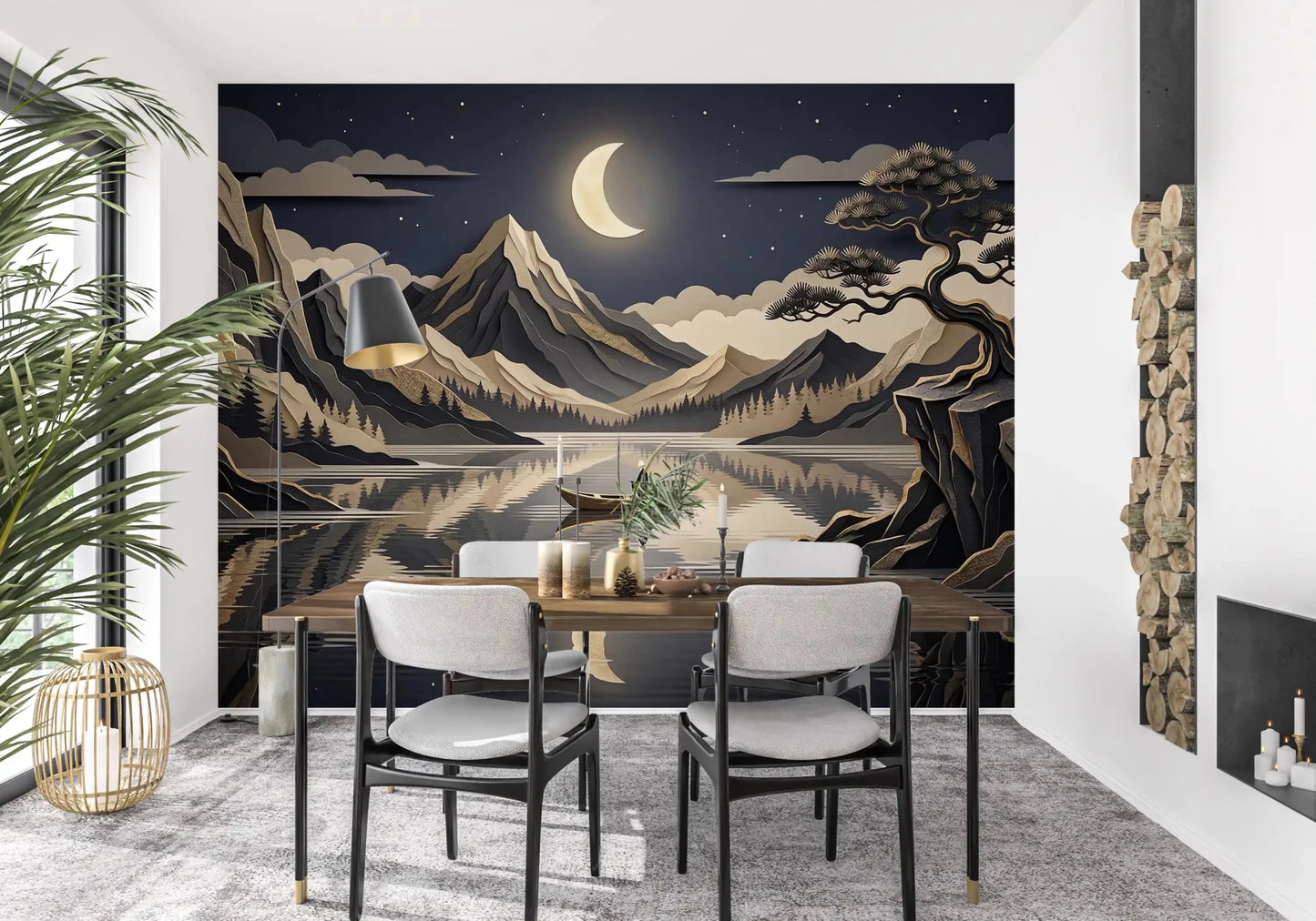 Golden Moon Over Layered Peaks Wall Mural