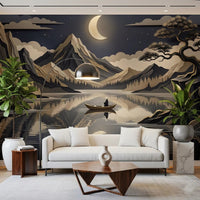 Golden Moon Over Layered Peaks Wall Mural