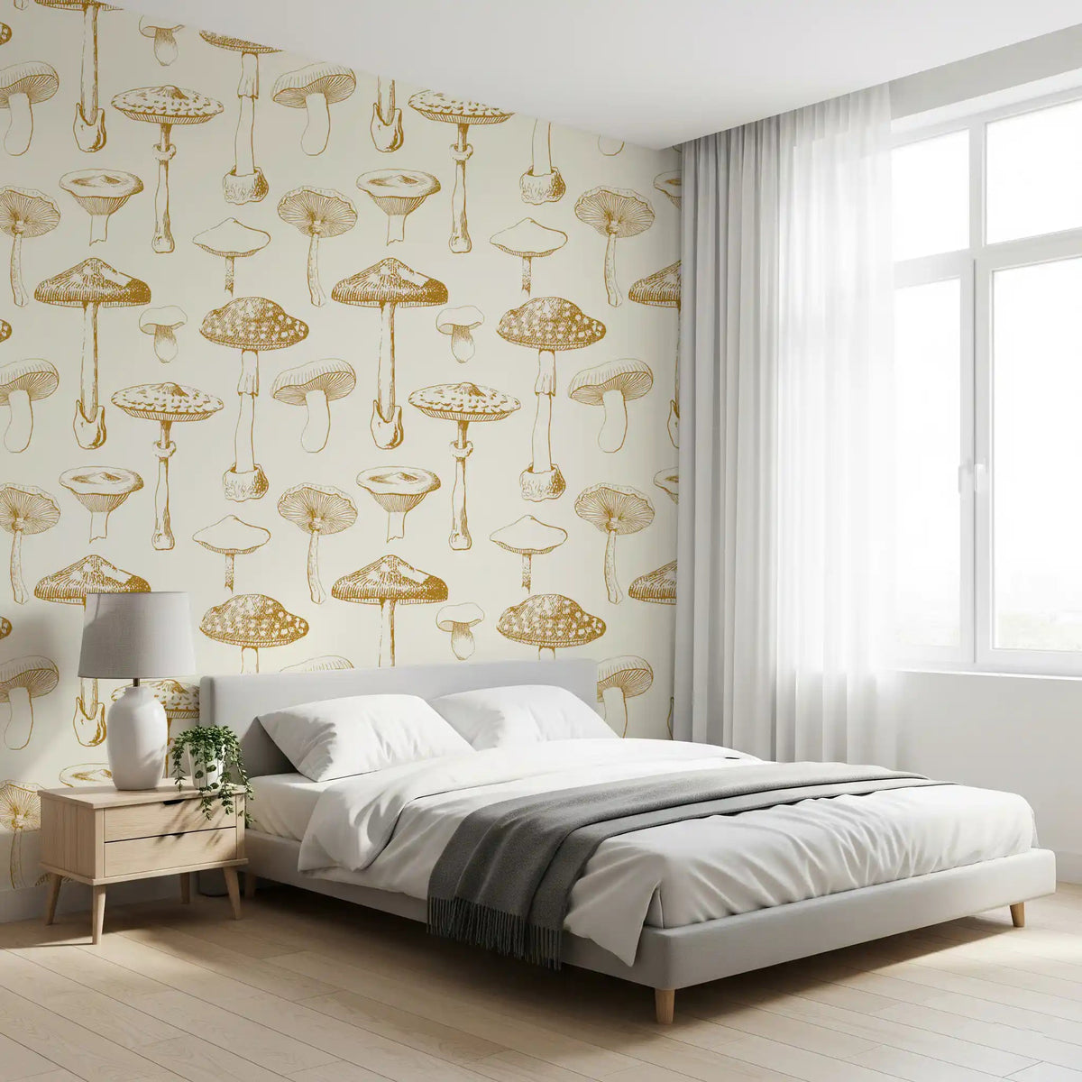 Sketchbook Mushroom wallpaper in bedroom with golden line art, GD9337