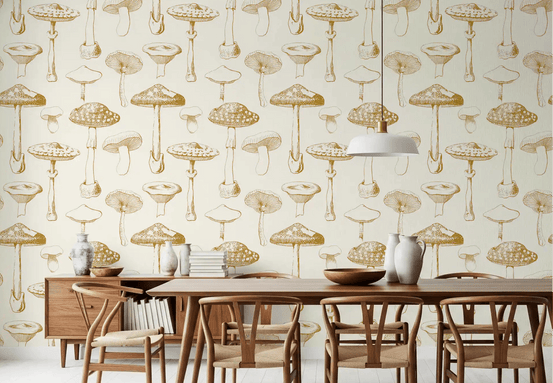 Sketchbook wallpaper with Golden Mushroom repeat and soft tones, GD9337