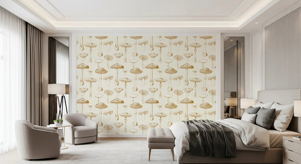 Golden Mushroom wallpaper with botanical forms and airy spacing, GD9337