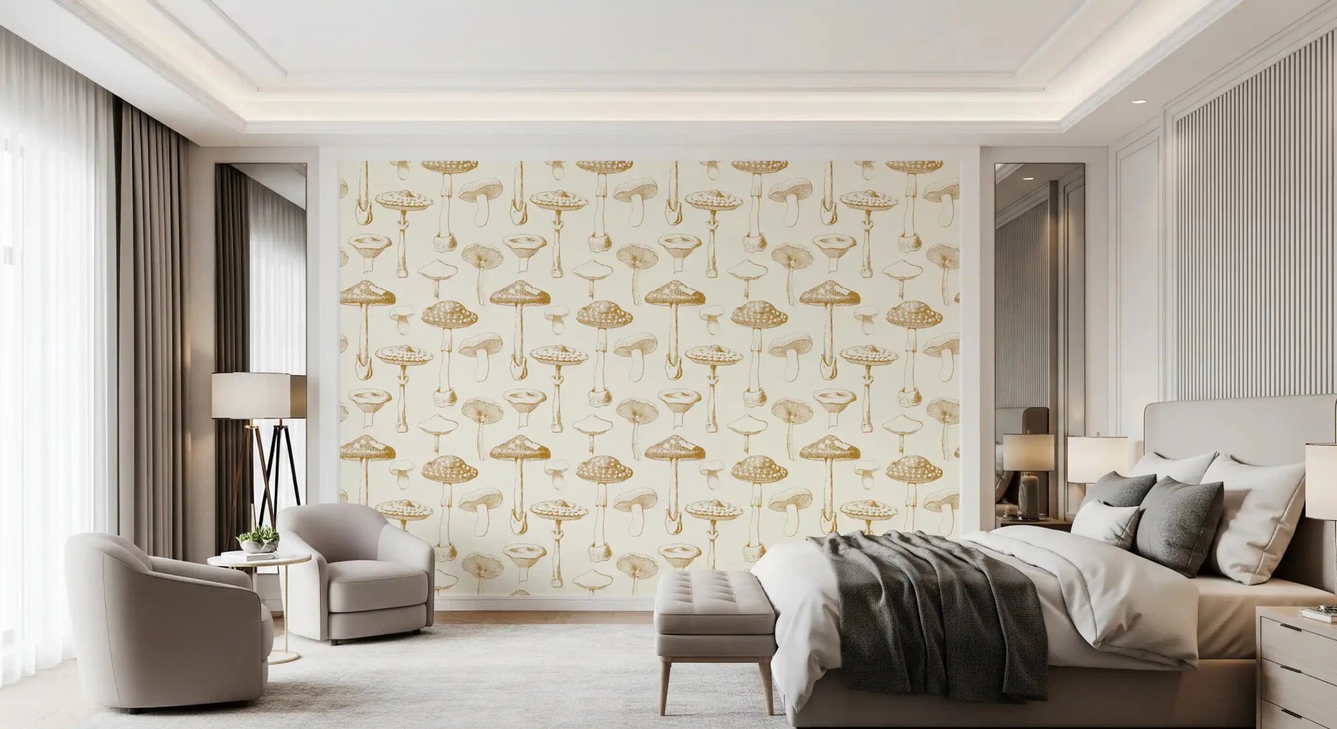 Golden Mushroom wallpaper with botanical forms and airy spacing, GD9337