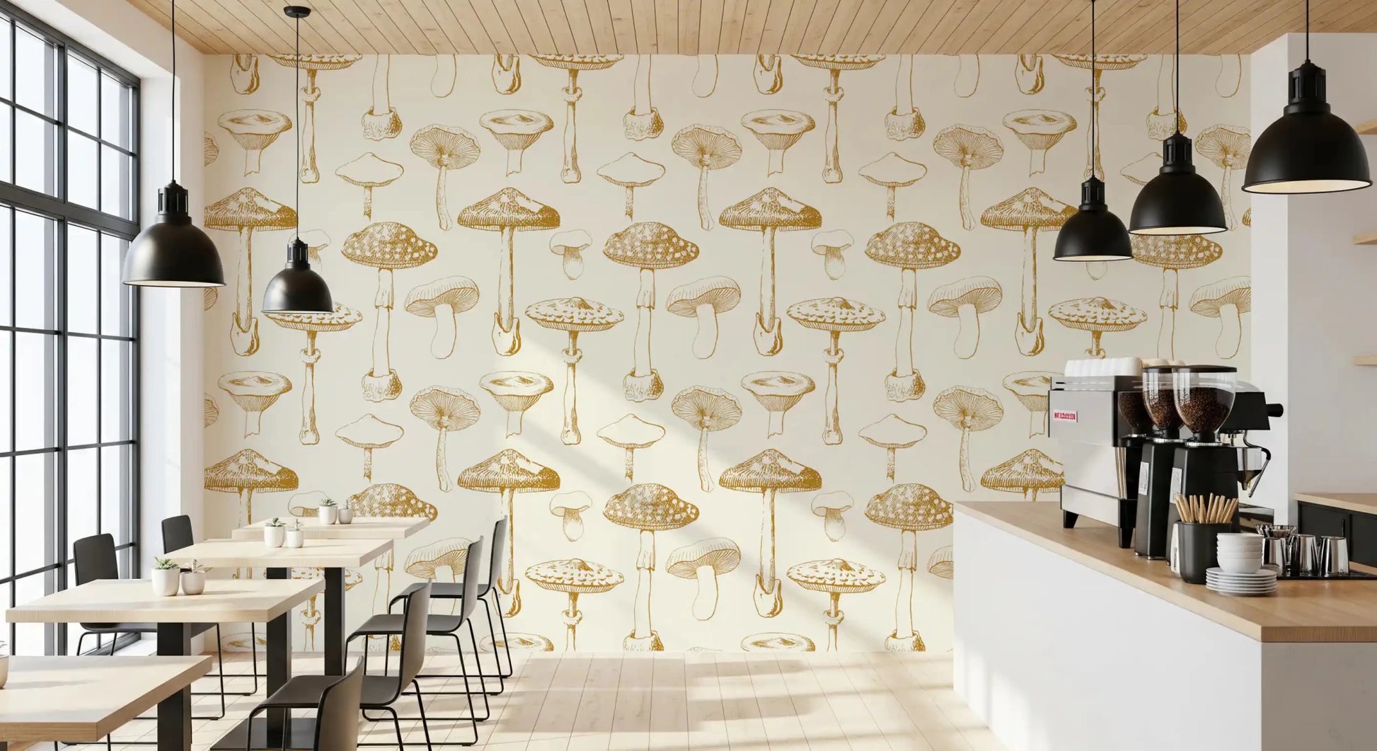 Golden Mushroom Sketchbook wallpaper with vintage drawn fungi, GD9337