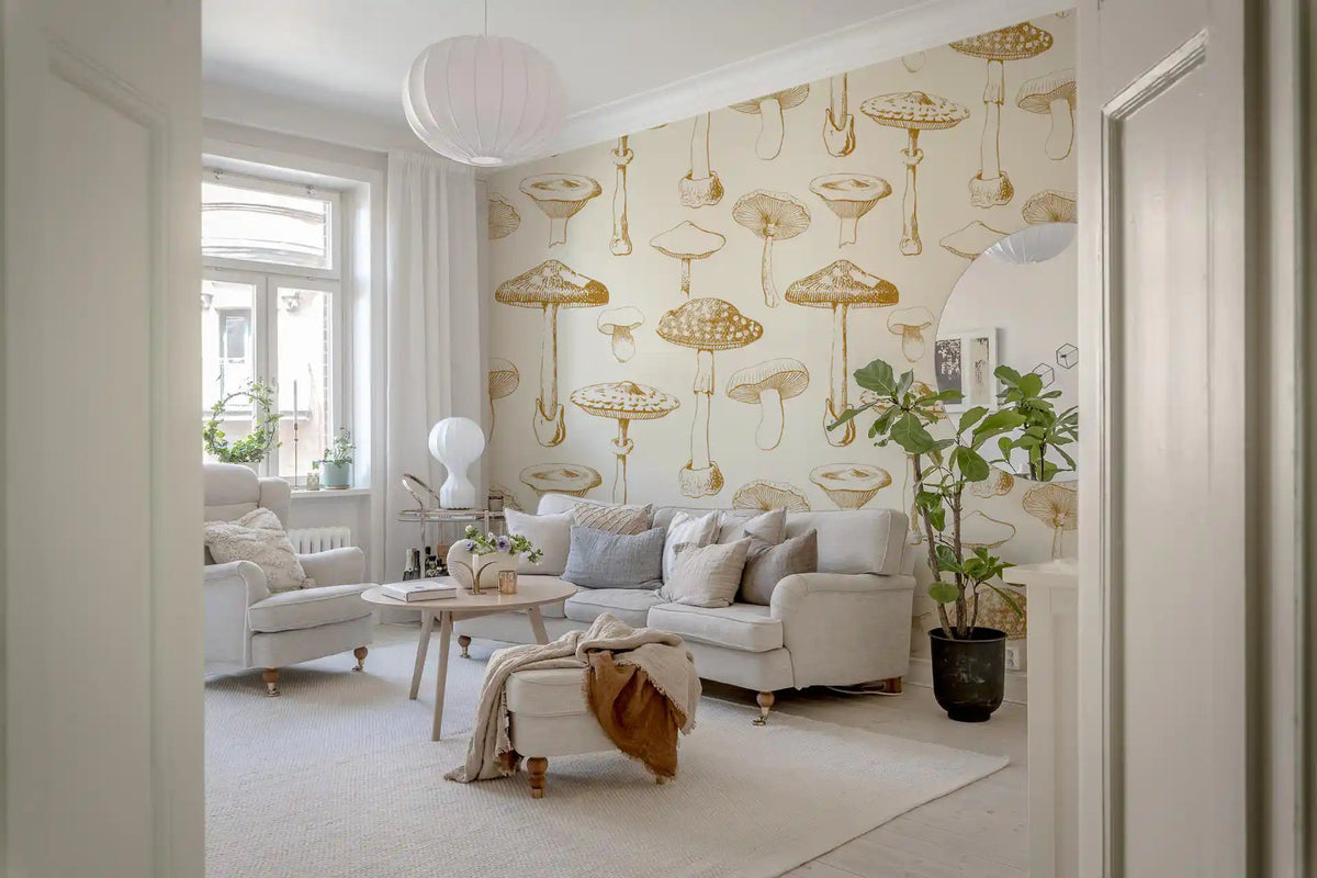 Golden wallpaper with Mushroom Sketchbook motifs and fine lines, GD9337