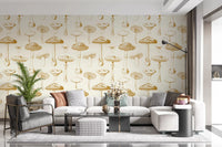Golden Mushroom wallpaper in living room with vintage sketches, GD9337