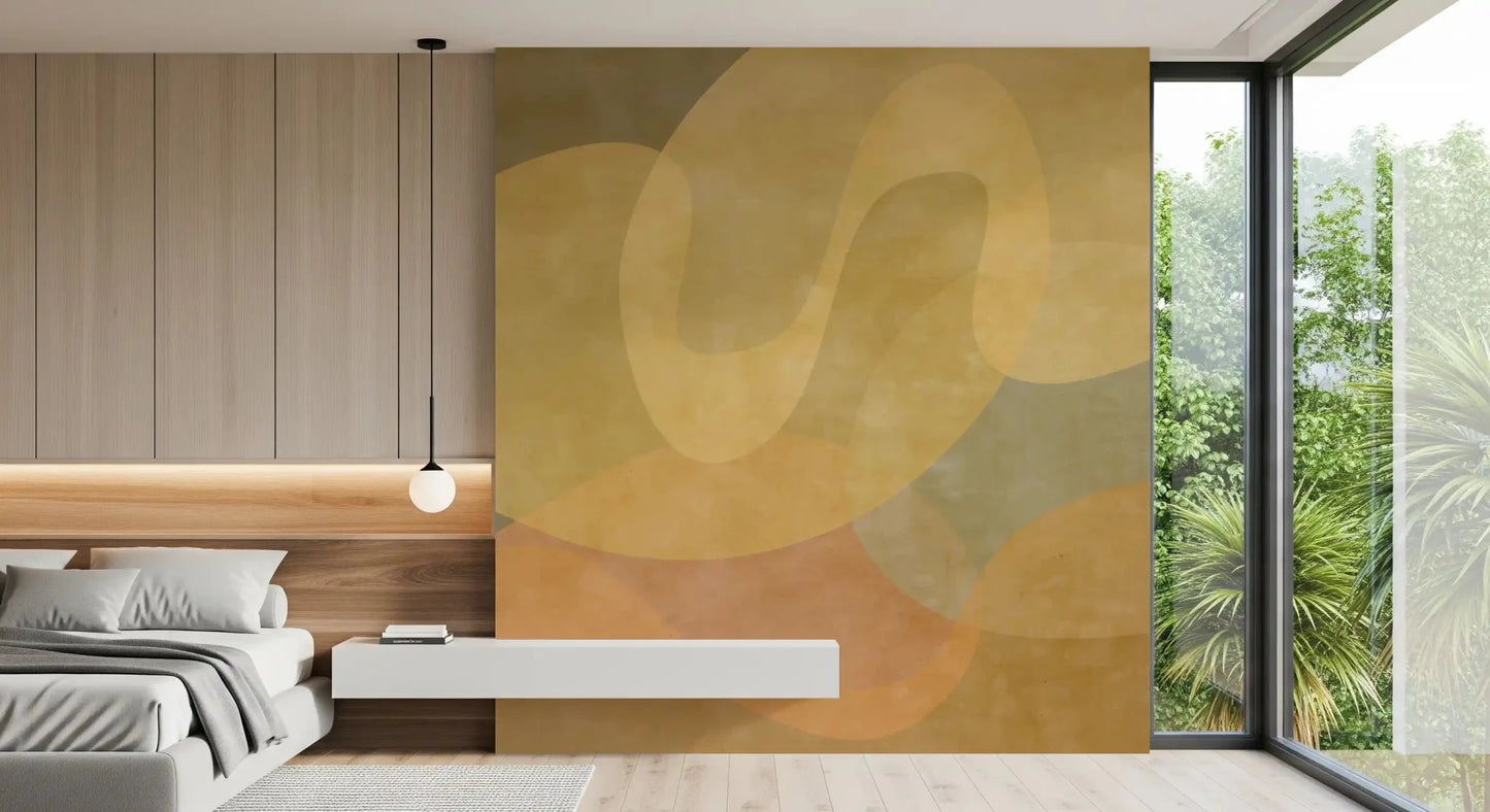 Bedroom with Golden Ochre Organic Flow wall mural in warm abstract tones