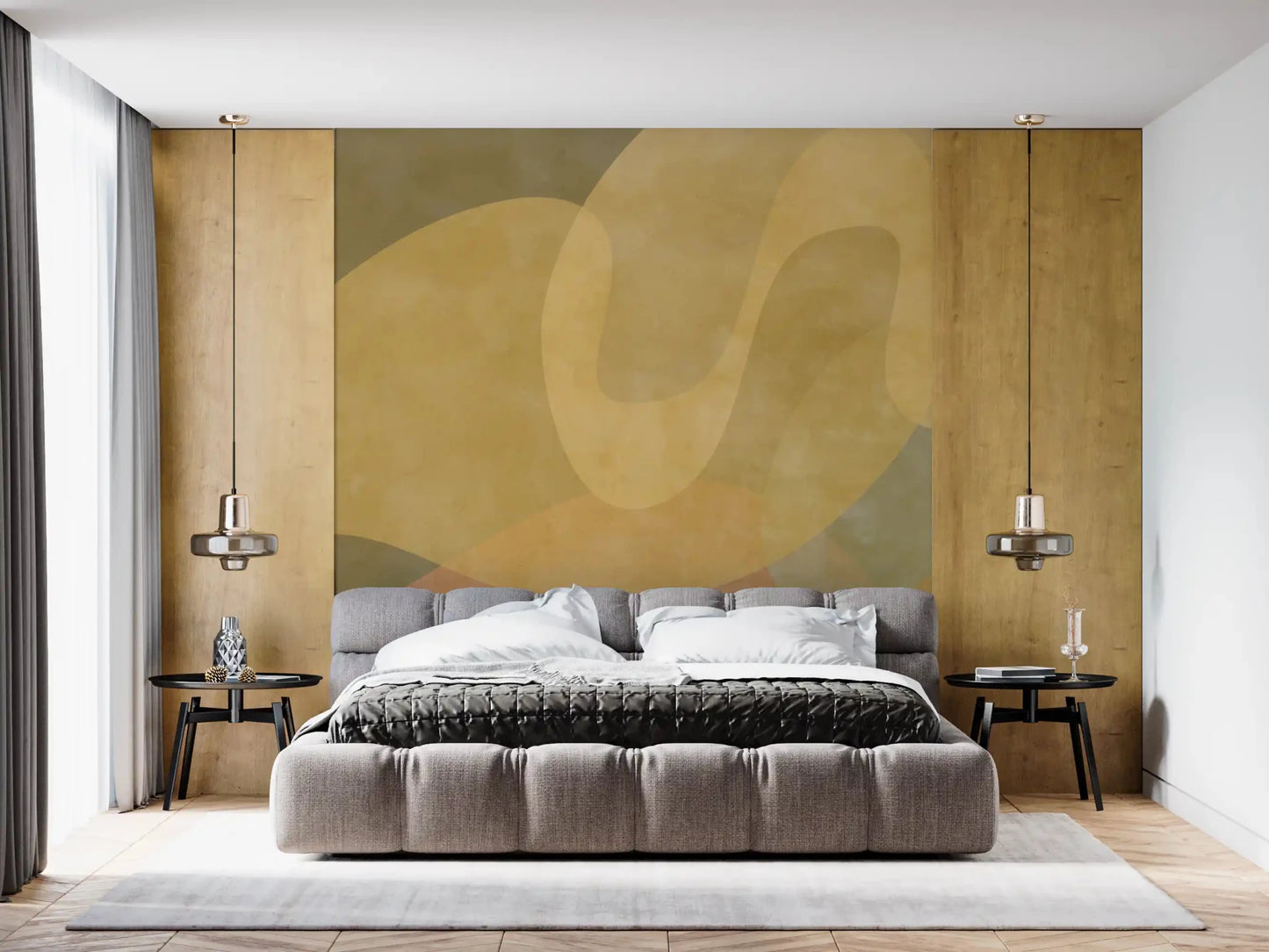 Abstract ochre wall mural showing Golden Ochre Organic Flow in soft tones