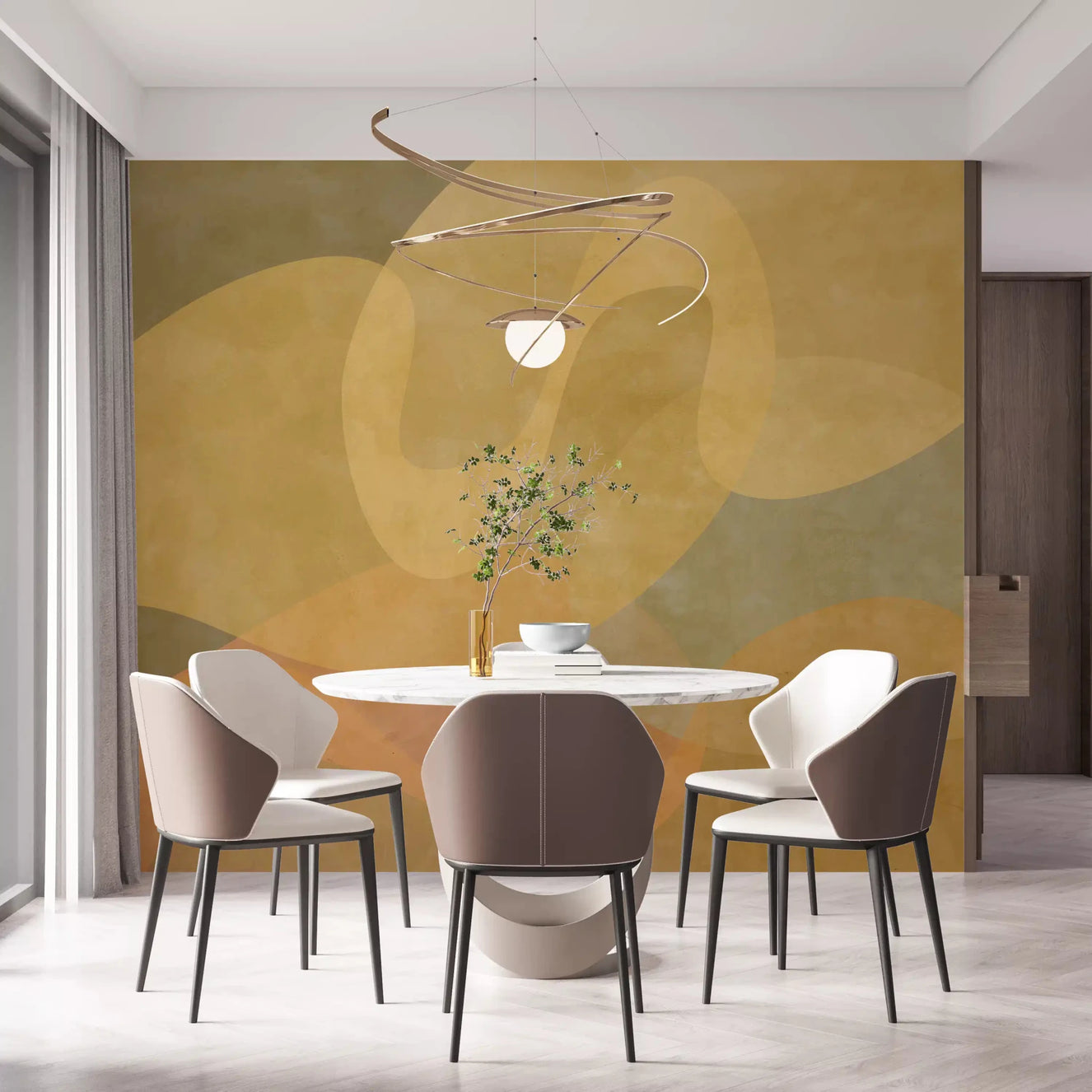 Dining room wall in Golden Ochre Organic Flow mural with soft curved texture