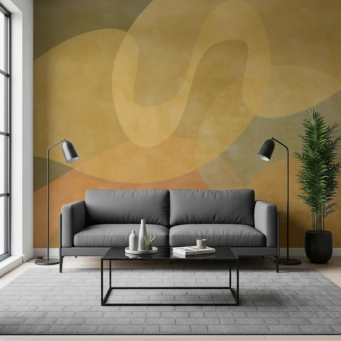 Hallway styled with Golden Ochre Organic Flow wall mural in earthy beige
